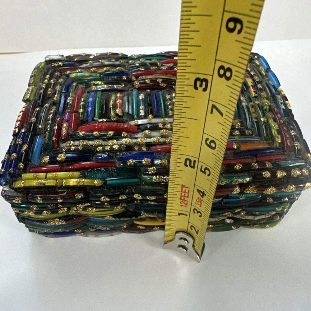 Vintage Indian Glass Bangle Trinket Box Mosaic Handmade Jewelry Case Boho
